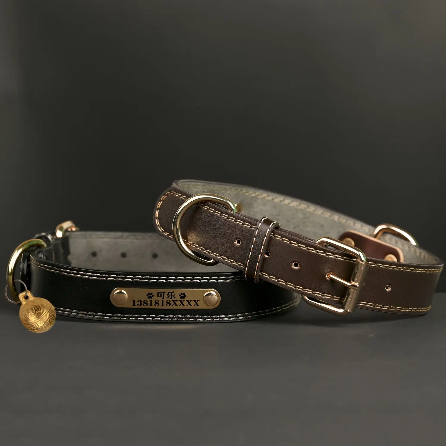 

Dog ring Neck ring Cowhide dog collar lettering Large, medium and small dog leash Strong dog rope Cat collar Bell