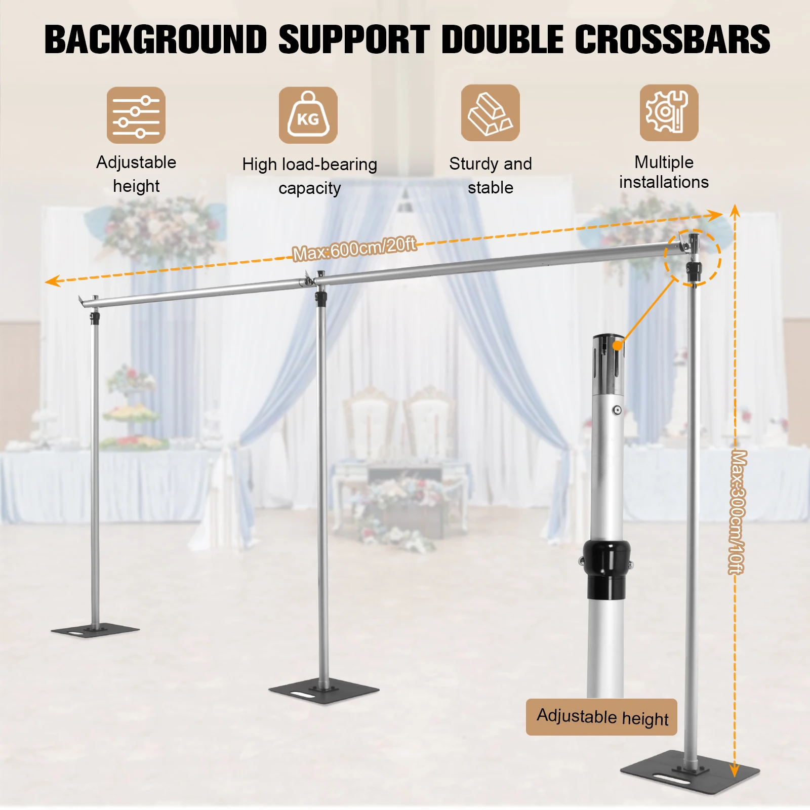 

Pipe and Drape Photo Booth Frame 118x236inch Double Crossbar with Metal Base Height Adjustable for Parties Birthday Wedding