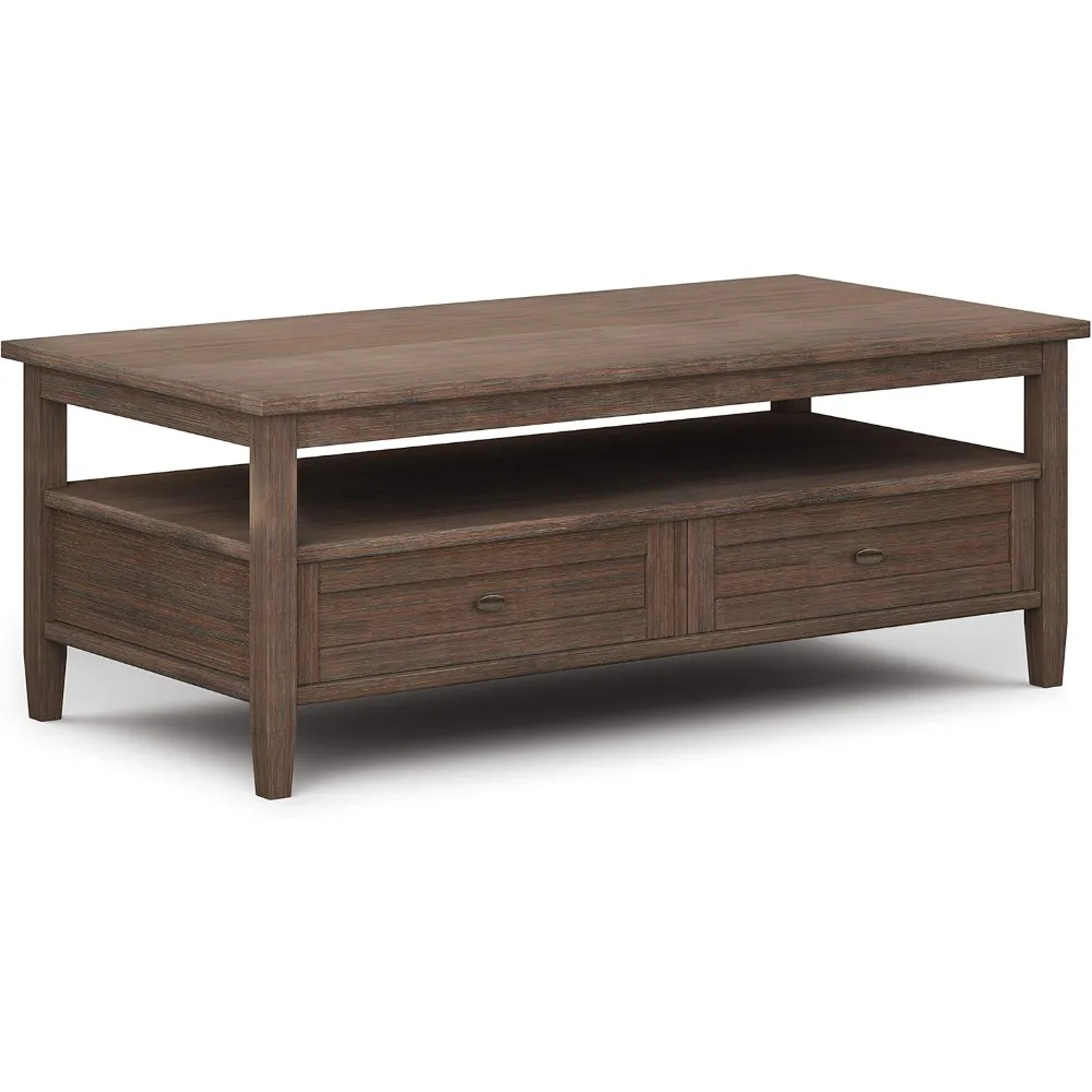 Wide rectangular warm solid wood coffee table for living room and family room