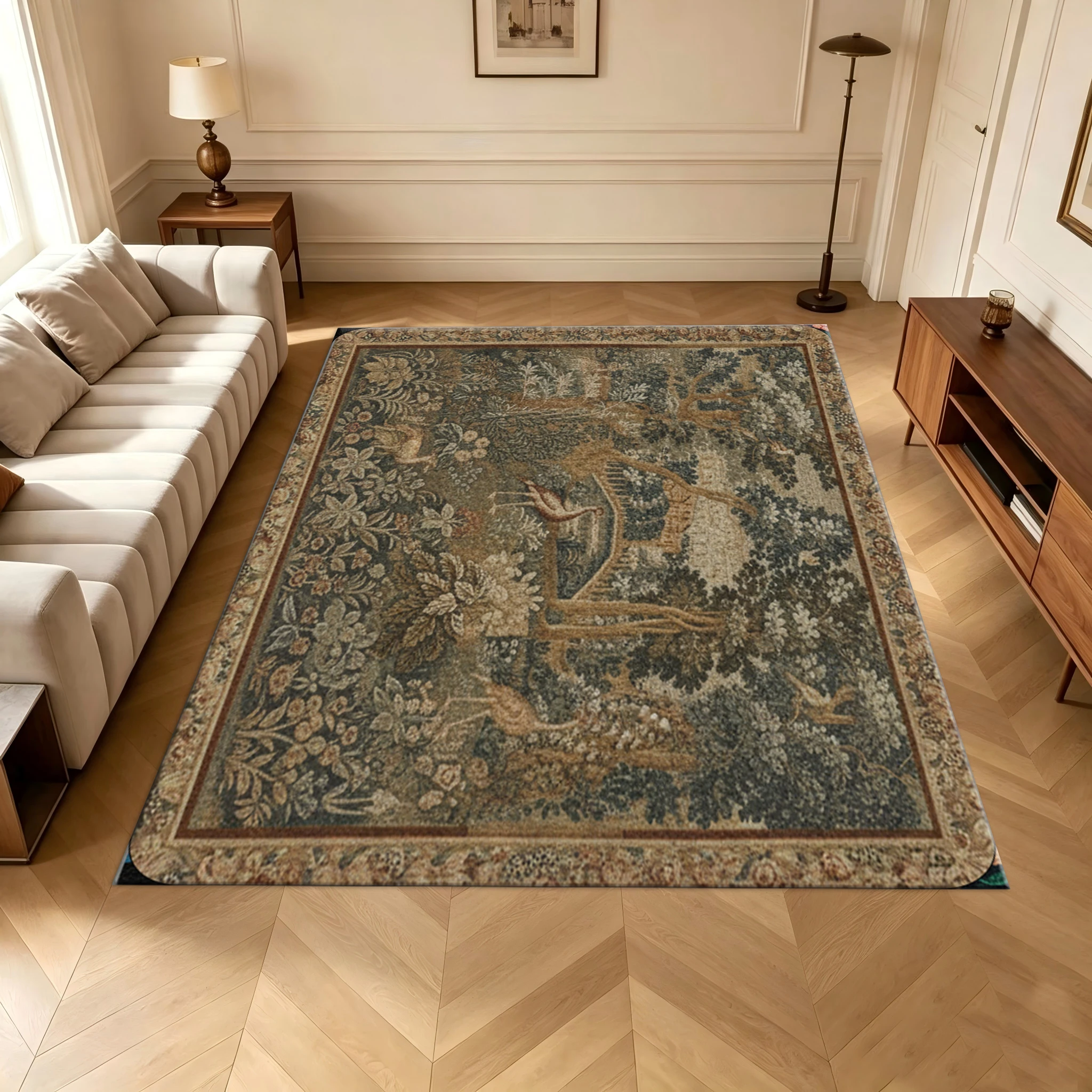 Retro Medieval Garden Tapestry Printed Carpet Forest Animal Scenery Floor Mat Carpet