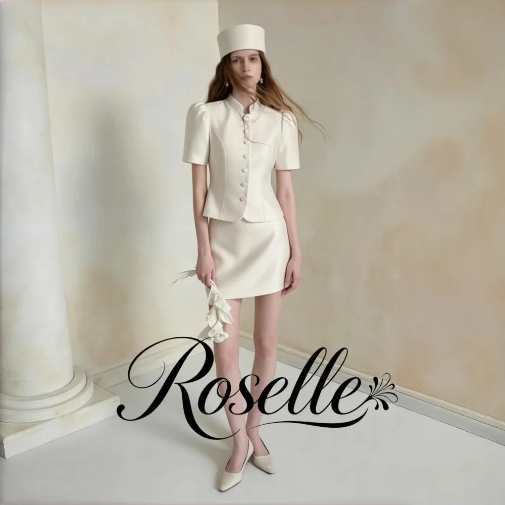 Women Stand Collar Short Sleeve Satin Wedding Suit Elegant Button Front Fitted Jacket Midi Skirt Two Piece Bridal Outfit Wedding