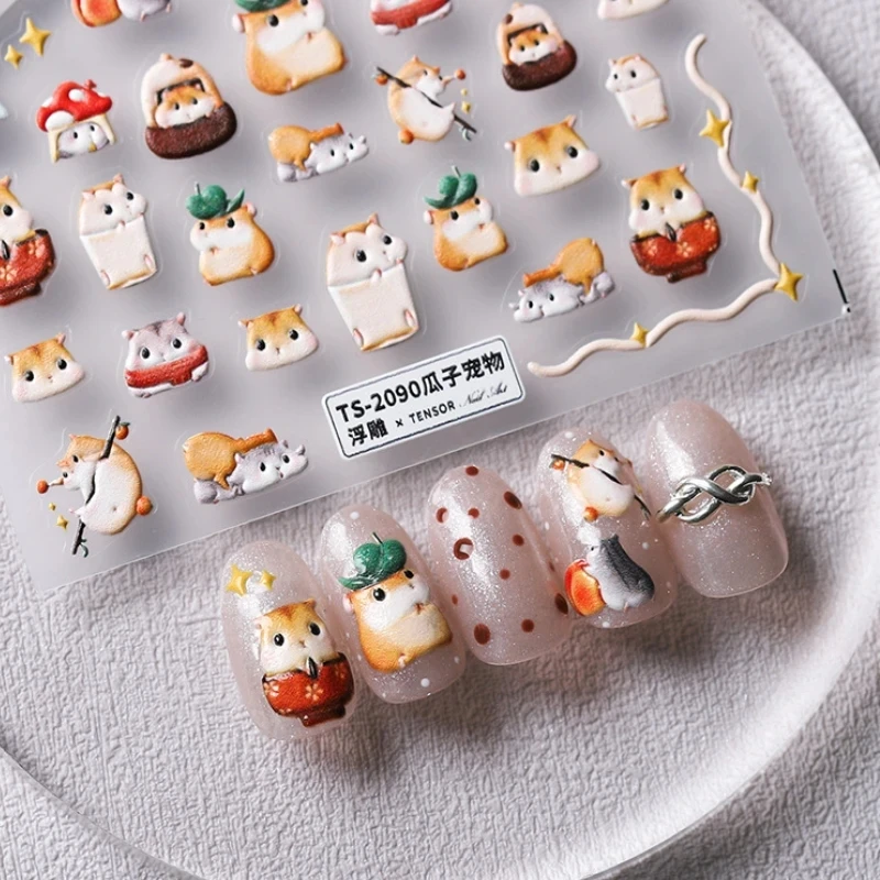 Nette Hamster Cartoon 5D Weiche Geprägte Reliefs Selbstklebende Nail art Dekoration Aufkleber Schöne 3D Maniküre Aufkleber Großhandel
