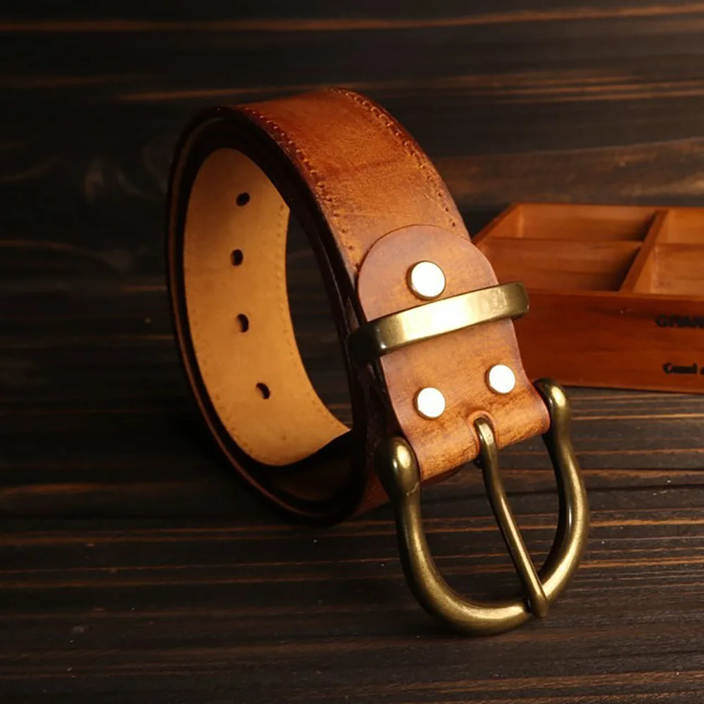 Retro Style Genuine Leather Belt with Solid Brass Buckle Can be Cut-to-Fit Design, Perfect for Casual Wear