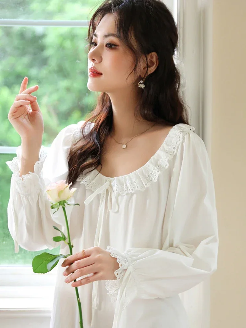 Female Ladies Ruffles Long Sleeve Cotton Princess Nightgown for Women Spring Sweet Loose Sleepwear Victorian Nightwear