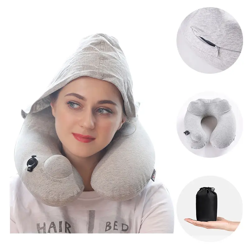 Portable Inflatable U-Shape Neck Massage Pillow Set Folded Hooded Travel Neck Pillow Sleeping suited Office Airplane