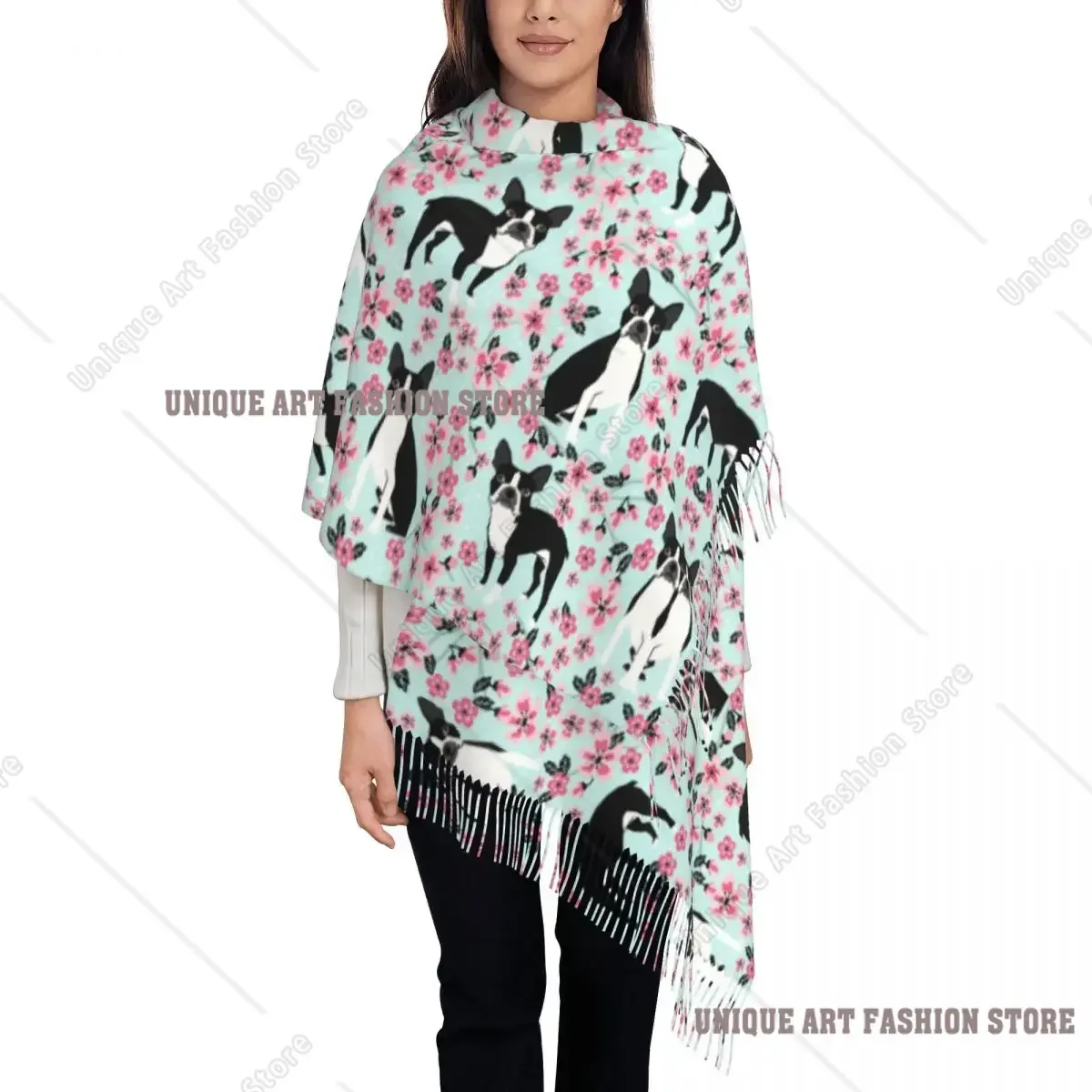 Boston Terrier Cherry Blossom Dog Scarf for Women Fashion Winter Fall Shawl Wraps Breed Pet Art Portrait Tassel Wraps