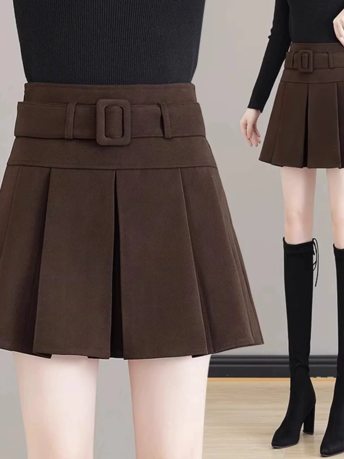 

High Waist Woolen Skirt Women's Faionable A-Line Umbrella Skirt Pleated Spring Autumn New Sle Commute Pure Color