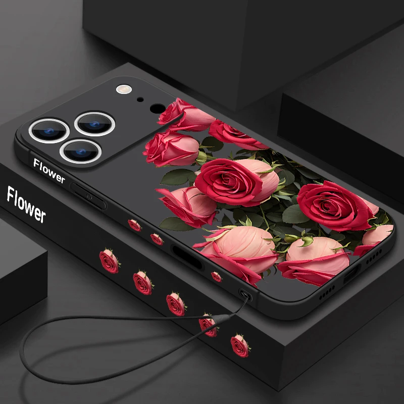 حافظة هاتف مغناطيسية من البولي يوريثان لهاتف آيفون 16E 17 Pro Max Air 16 15 14 Pro 13 12 Pro Max 11 غطاء حبل ناعم بنمط زهور الورد الأحمر #2