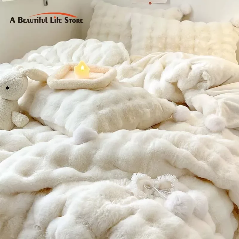 Shaggy-Ultra Soft Faux Rabbit Fur Velvet Bedding Set, Fleece Bow, Plush Ball Decoration, Duvet Cover Set, Bed Sheet, Pillowcases