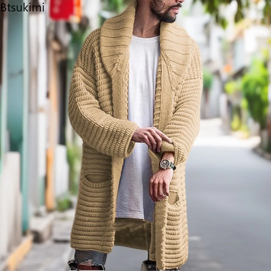 2025 Autumn Winter New Men's Solid Knitted Cardigans Sweater Coats Middle Length Casual Pockets Sweater Jackets Male Streetwear