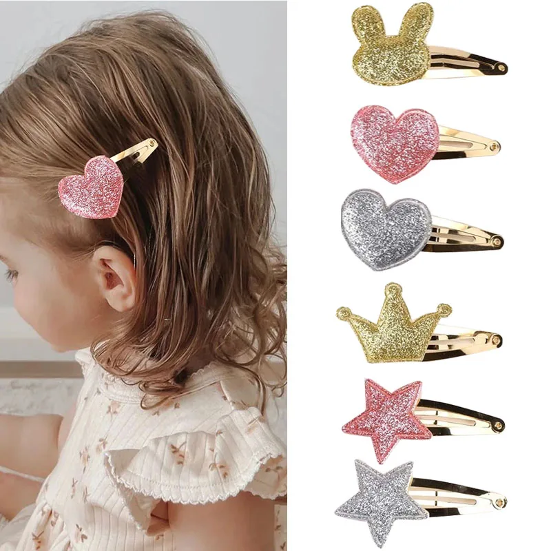 

Oaoleer 6Pcs/set Cute Crown Glitter Hair Clips For Baby GirlsGold Silver Star Love Heart Hairpin Barrettes Kids Hair Accessories