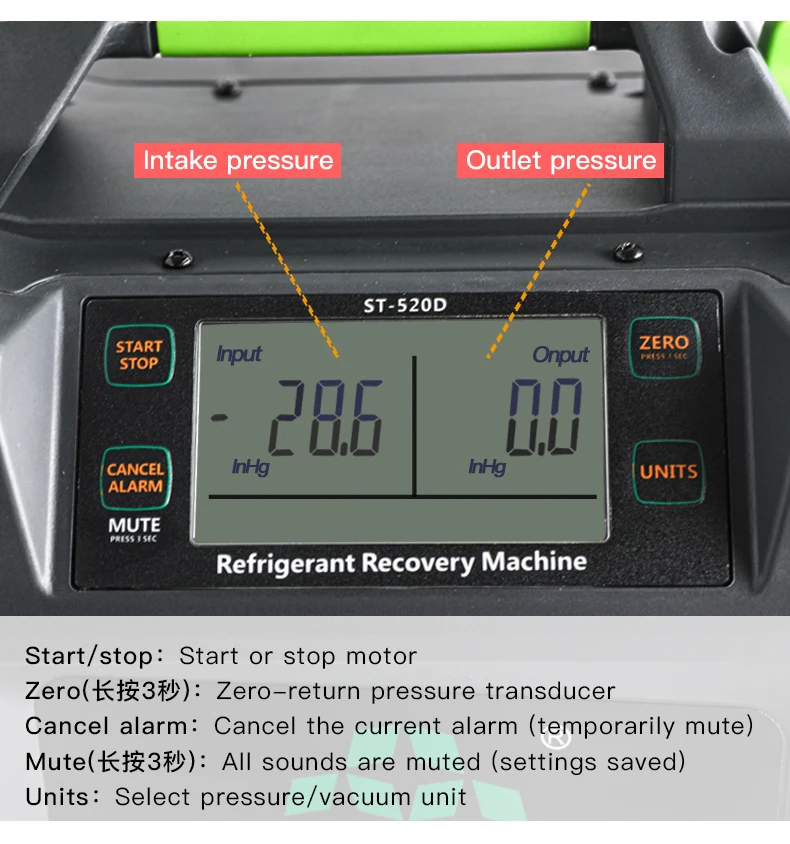 ST-520D Refrigerant Recovery Machine HVAC Portable Air Condition Compressor with Pipe Fitting 1/2 HP for All Common CFC HFC HCFC