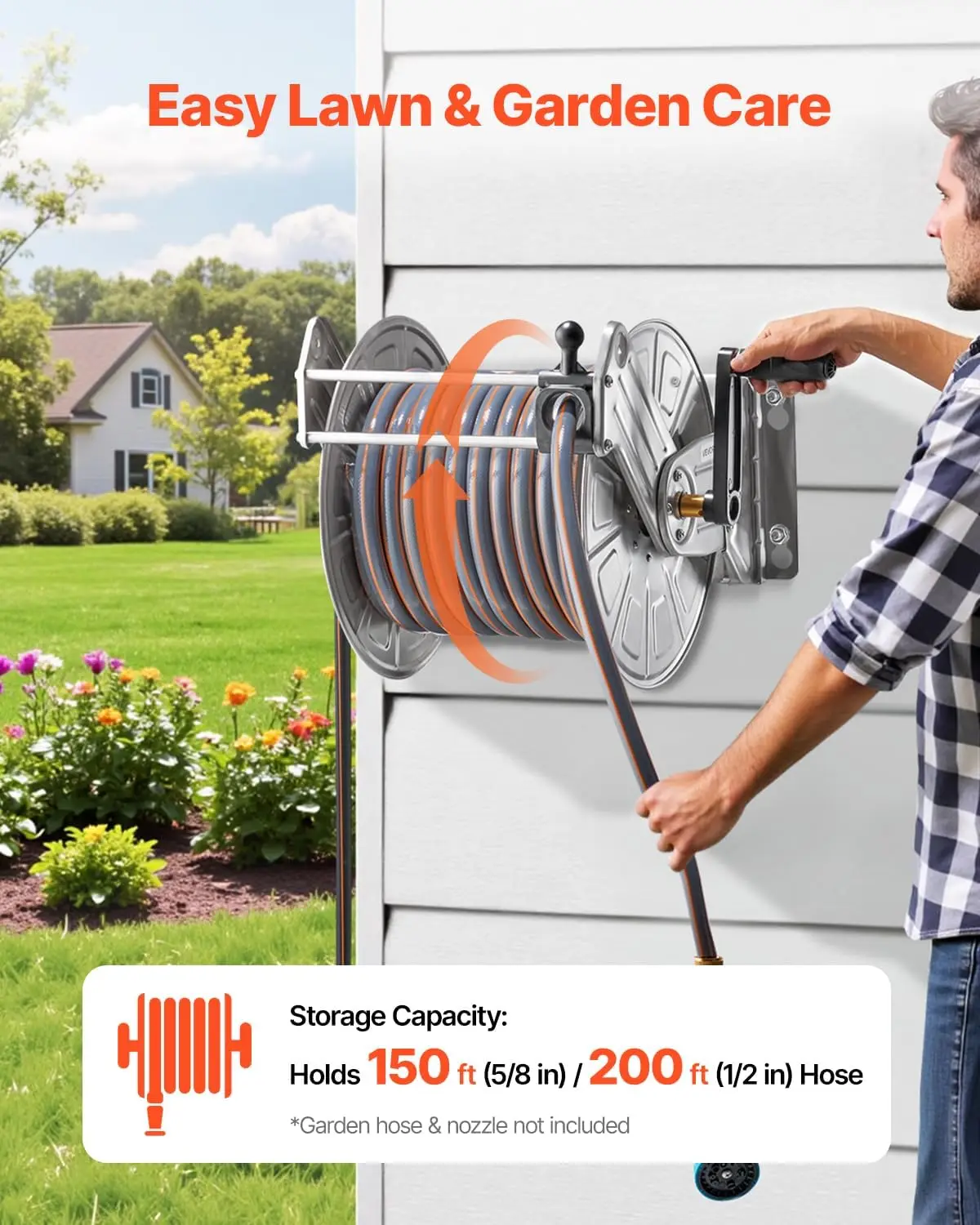 Wall Mounted Garden Hose Reel, Holds 150 ft 5/8-inch Water Hose Winder, Heavy-Duty Stainless Steel, Outdoor Manual Reel with Bra