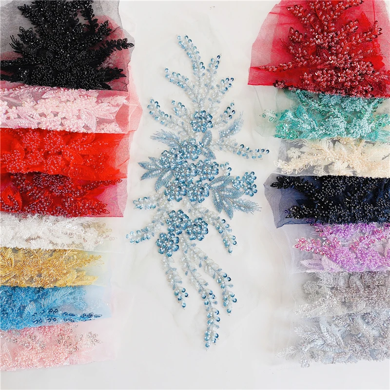 

4 шт., кружевная аппликация, нашивка «сделай сам», синие, красные кружевные аппликации для свадебных платьев, 15x37 см, ткань из бисера