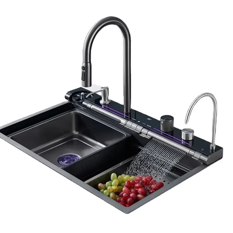 LED Digital Display Waterfall Kitchen Sink Custom Design Piano Key Multifunction Sink Scratch Resistant