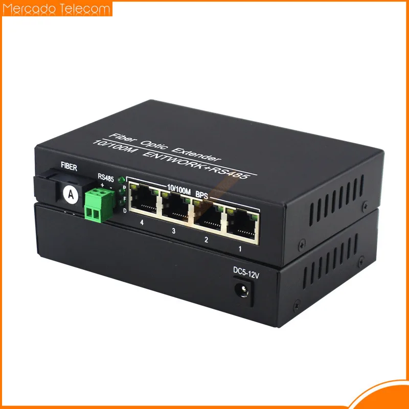 4 Port 10/100 Ethernet + 1way RS485 Ethernet Fiber Optic Receiver Data Converter Single-mode Fiber SC Data Transmission 20km