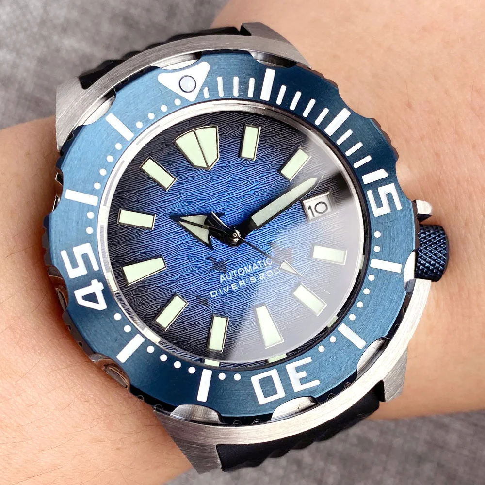 200M Diving Watch Blue Monster Automatic Men Watch NH36 Movt 120 Click Bezel 3.8 Crown Black Edge Hand Waffle Band Luminous