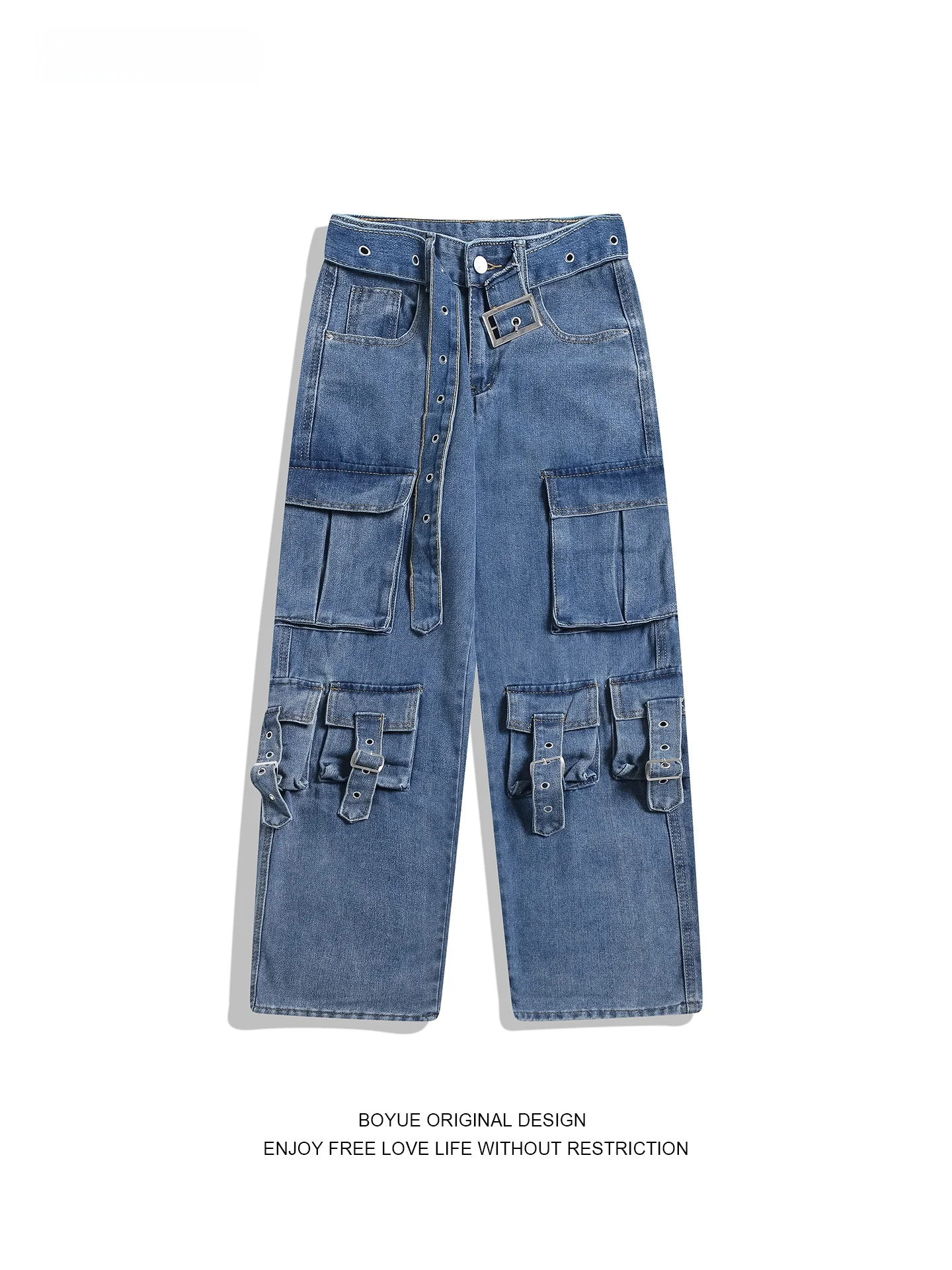 

Boyue American Workwear Wide Leg Denim Pants Loose Men's Women's Retro Straight Multi ket Design Long Trousers