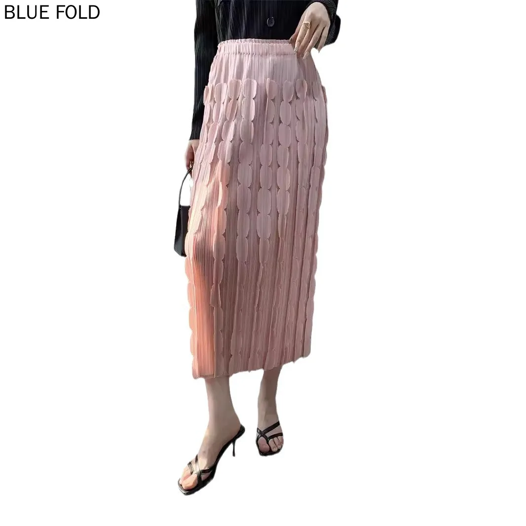 MIYAKE Women\'s Autumn 2024 Pleated Skirt Patch Three-dimensional Decoration Comfortable Casual Pleats Skirt Design Elastic Waist