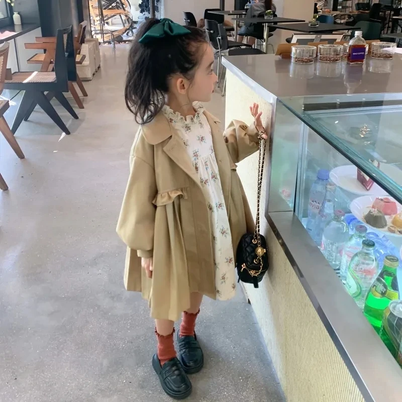 Girls Fashion Outerwear Spring Autumn Children Clothes Korean Style All-match Bow-knot Coat Children's Mid-length Windbreaker