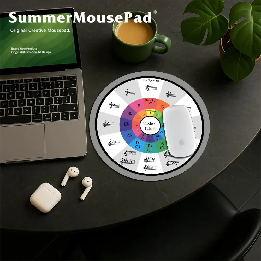 HYBXAXC Music Theory Cheat Sheet Mouse Pad Round Circle of Fifths Shortcuts Mousepad Small for Piano Musician Stitched Edge Mat
