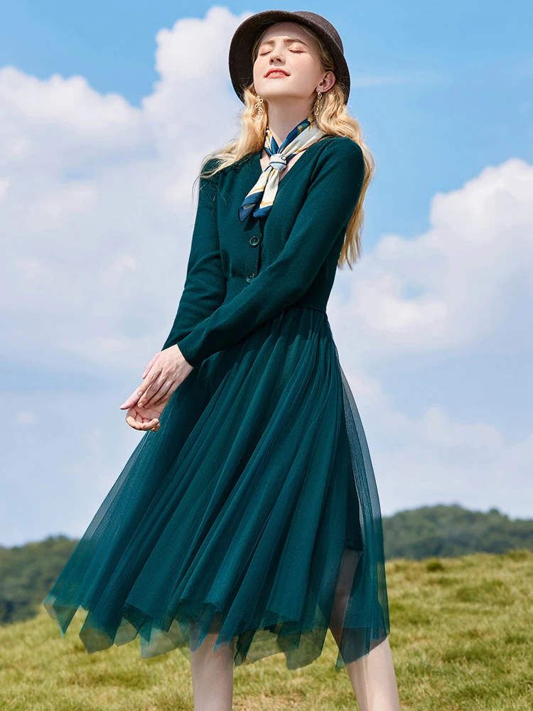 I BELIEVE YOU Knitted Dresses Autumn Winter Korean Vneck Long Sleeves Patchwork Mesh Dress Slim Midi Female Vestios 2214134094