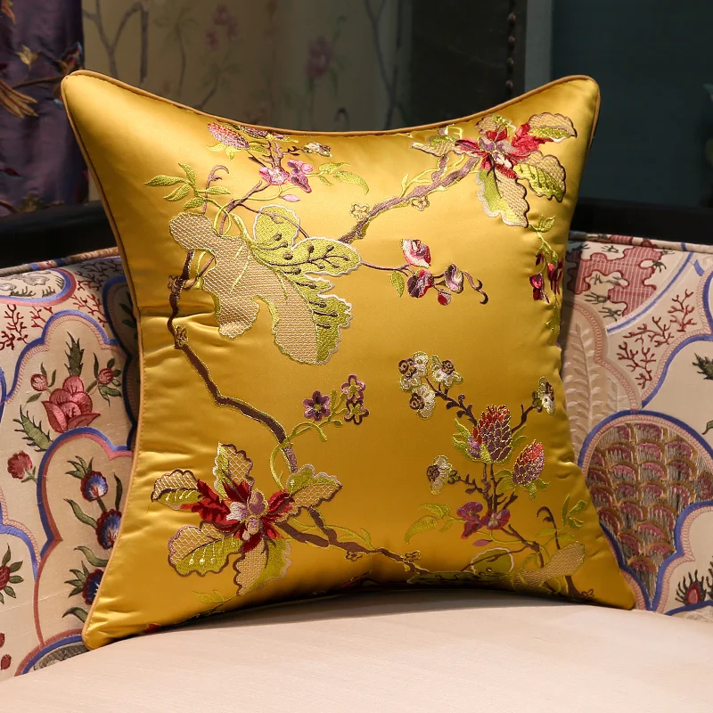 Flowers Pillows Retro Chinese Embroidery Cushion Case Luxury Gold Green Decorative Pillow Cover For Sofa Chair Home Decorations