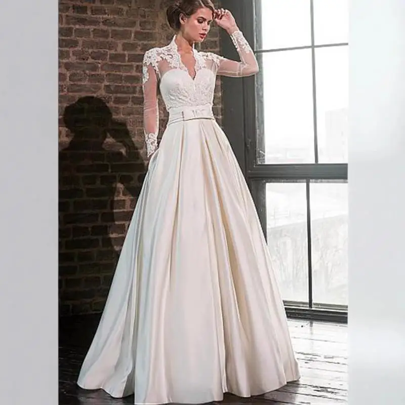 Neues Brautkleid aus Satin mit tiefem V-Ausschnitt, langen Ärmeln und Spitze für einen schmalen Look, A-Linien-Kleid, flacher Stil, individuell anpassbar
