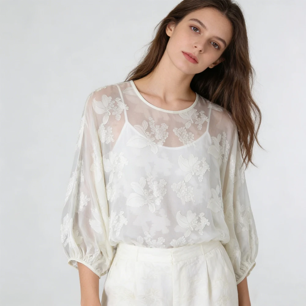 Women's Summer Casual New 85% Natural Mulberry Silk Cut Flower Silk Round Neck Three-quarter Lantern Sleeves Beige Loose T-shirt