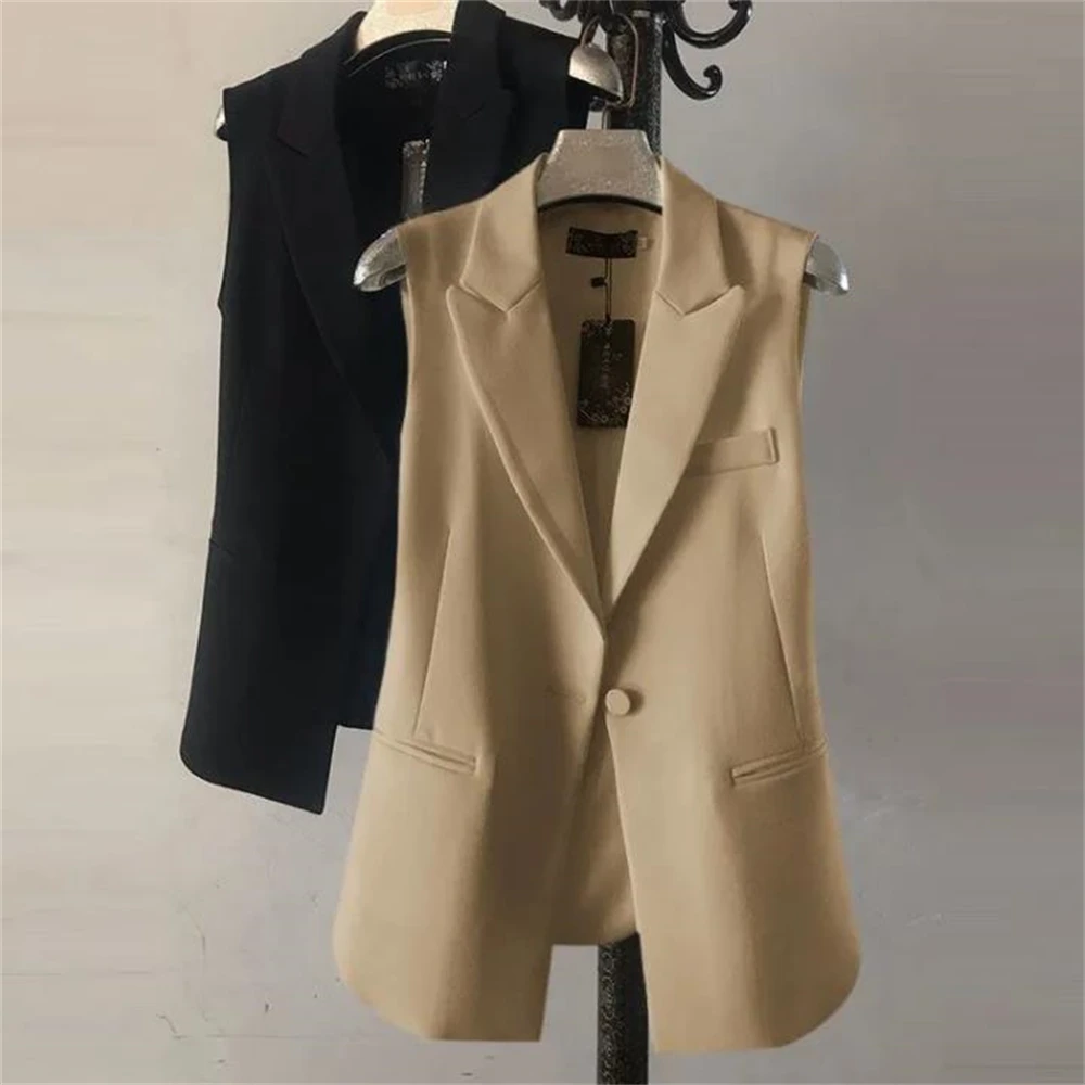 Women Blazer Sleeveless Vests Jacket Coats Feminino Quilted Femme Button Waistcoat Outwear Gilet Ol Pockets Single-breasted Tops