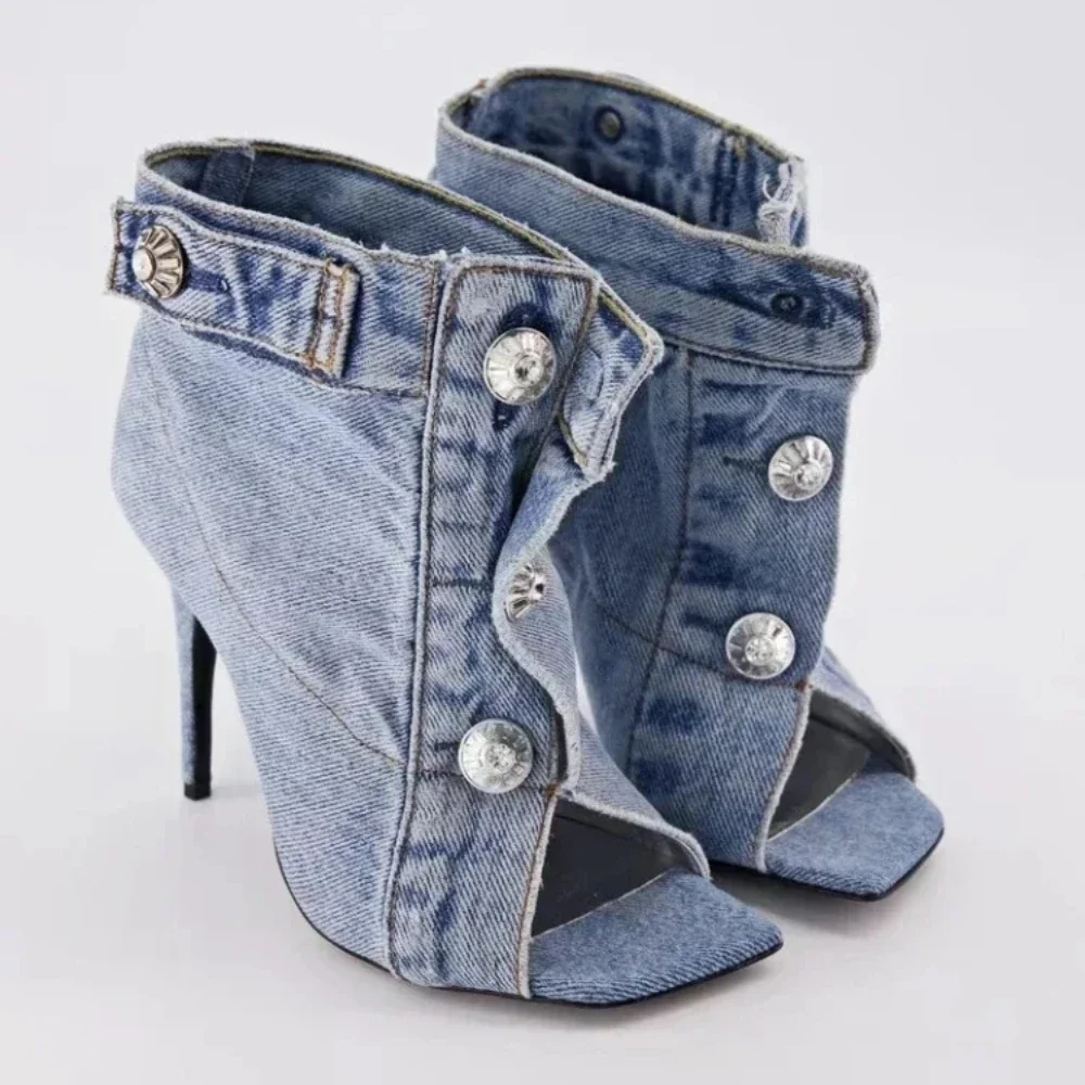 2024 Summer Brand New Fashion Denim Ankle Boots High Heel Sandals for Women Street Style Square Toe Big Size Shoes 43 Footwear