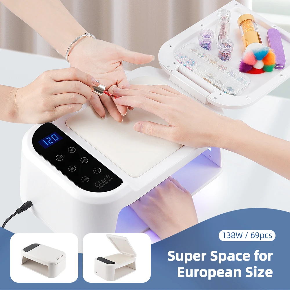 138W 69LED Lights UV LED Nail Lamp Nail Dryer With Hand Rest Holder For Manicure Gel Polish Fast Drying Lamp For Press On Nails