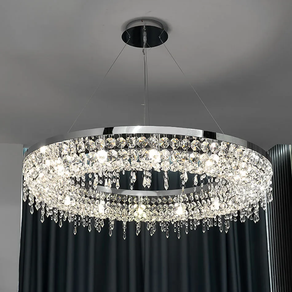 

New Chrome Chandelier for Living Room Crystal Hanging Light Fixture Bedroom Round Dining LED Lamp Post Modern Indoor Lighting