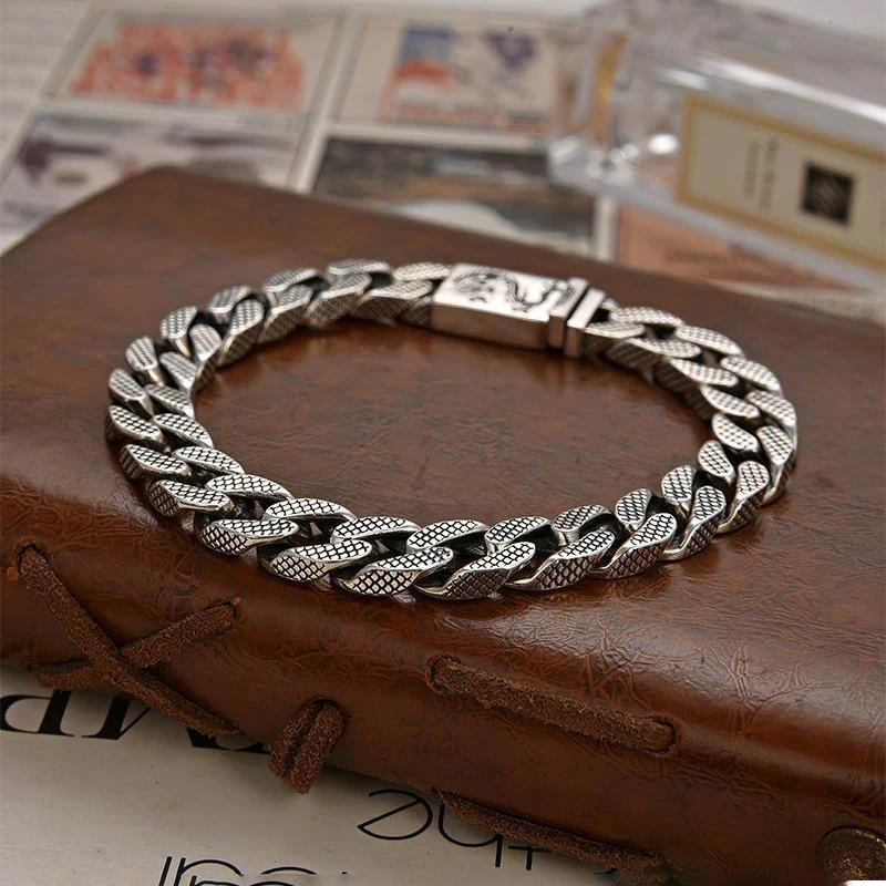 Domineering Dragon Scale Sterling Silver Bracelet Retro Lattice Pattern Lucky Dragon Bracelet Men Tide Small Exquisite Jewelry