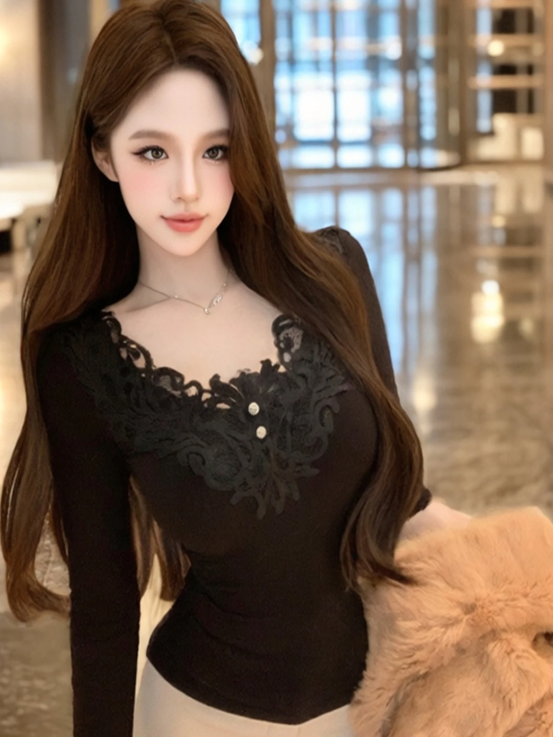 

Elegant Lace V-Neck Long Sleeve Knitted Sweater Women's Autumn Winter Slim Fit Inner Wear Pure Desire Style Top for Party Wed...