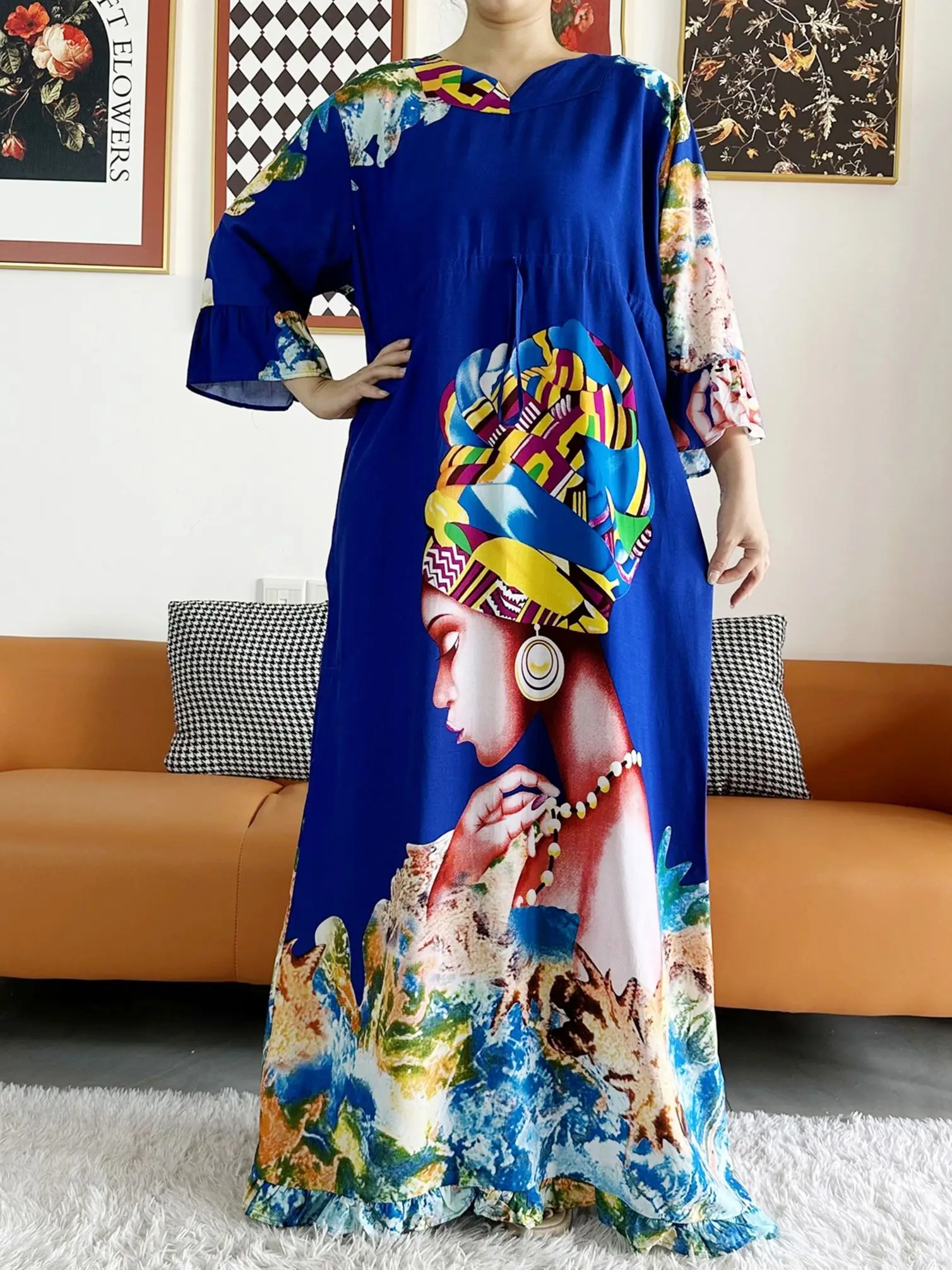 New African Women Long Sleeve Ethnic Print Dashiki Cotton Floral Dress Printing Loose Caftan Dress with Scarf Casual Vestido