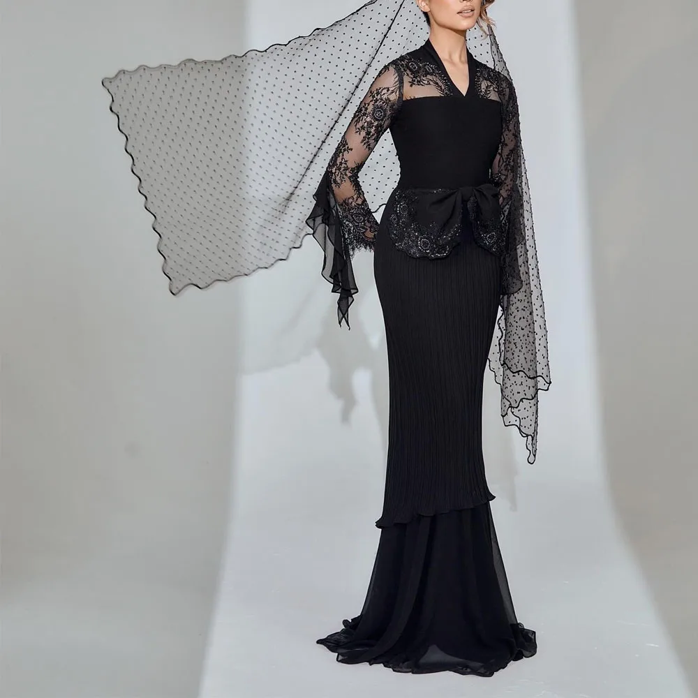 Vestido de noche de sirena con pajarita elegante personalizado, cuello en V, manga larga, vestidos para ocasiones formales ajustados, traje de madrina con cuentas