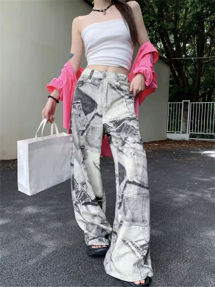 Women\'s Personalized Fashion Print Casual Thin Pants Cool Girl Street Bottoms Female High Waist Straight Wide-leg Trousers