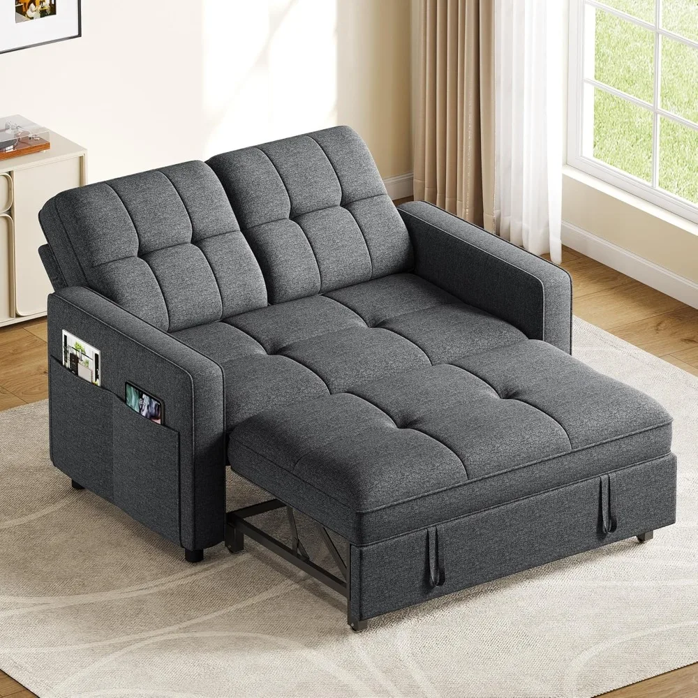 55 Convertible Sofa Bed, 3-in-1 Sleeper Sofa with Iron Frame Pull-Out Bed, Linen Futon Couch with Reclining Backrest an