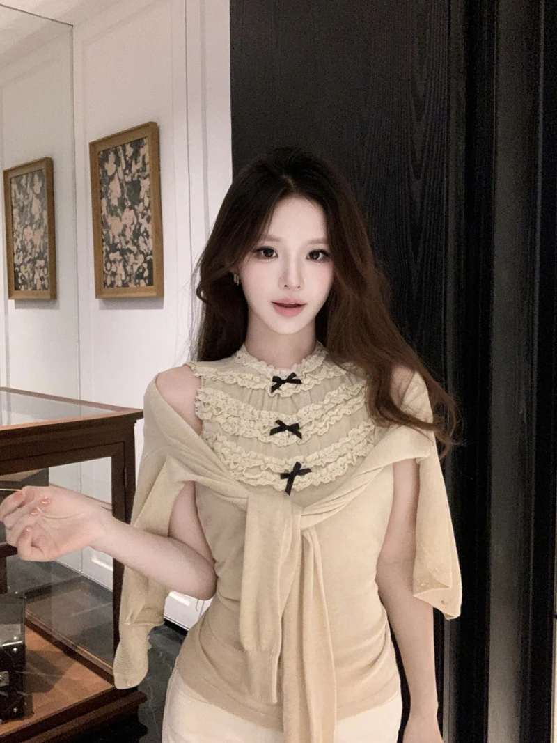 

Elegant Long Sleeve Knitted Open Cardigan Women's Spring Outfit Set Earlet Lace Trim Sleeveless Inner Wear Vest Top Two-Piece...