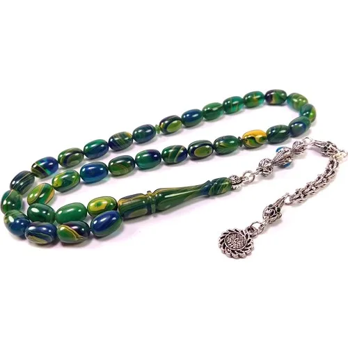 Nurşin Rosary Green Moire Capsule Model Amber Squeezing Rosary