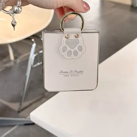 Cartoon Cat Claw Ring PU Leather Phone Case For Samsung Galaxy Z Flip7 FE Flip 6 5 4 7 Flip5 Luxury Electroplated Bumper Cover