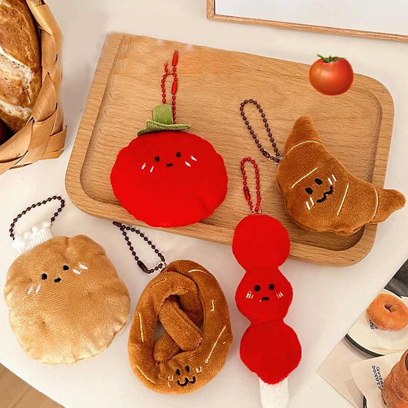 1PC Kawaii Croissant Pendant Bread Doll Stuffed Keyrings Cute Tomatoes Plush Food Keychain For Bag Decoration DIY Accessories