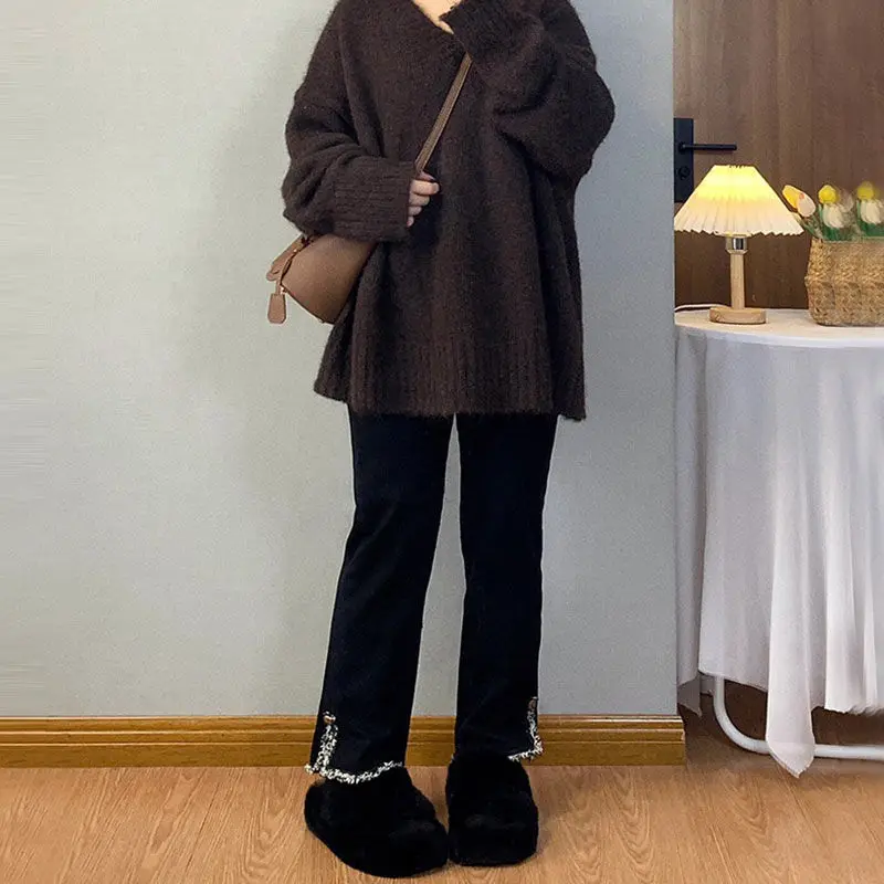 

Мужские джинсы-колокольчики больших размеров с потертым подолом, винтажные свободные широкие брюки в американском стиле, осень-зима, молодежная мода