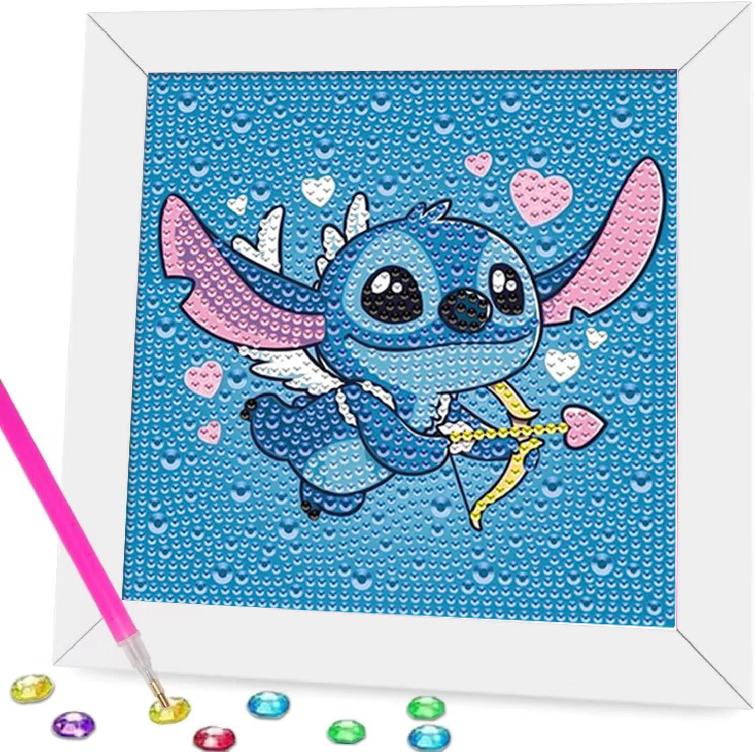18x18cm With White Frame 5D Full Round Drill Diamond Painting Kit Cute Big Ears Blue Alien Pet Boba Milk Tea Cyan Bubble Backgro view 6