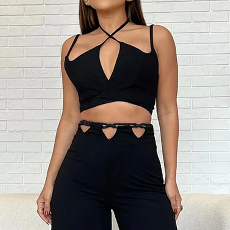 Waytobele Women Two Piece Set Summer Fashion Sexy Halter Neck Tie Up Suspender Lace Up Backless Top Cutout Wide Legs Pants Sets