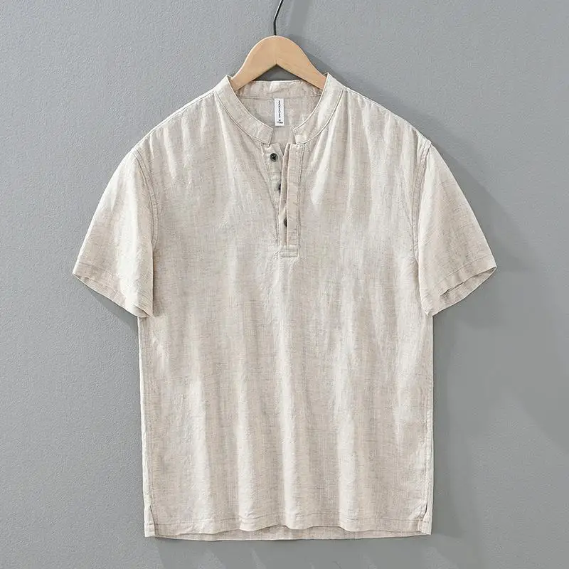 

Men's Linen Pullover Shirt Soft Stand up Collar Flowing Design Moisture Wicking Short Sleeve Japanese Style Color Casua...
