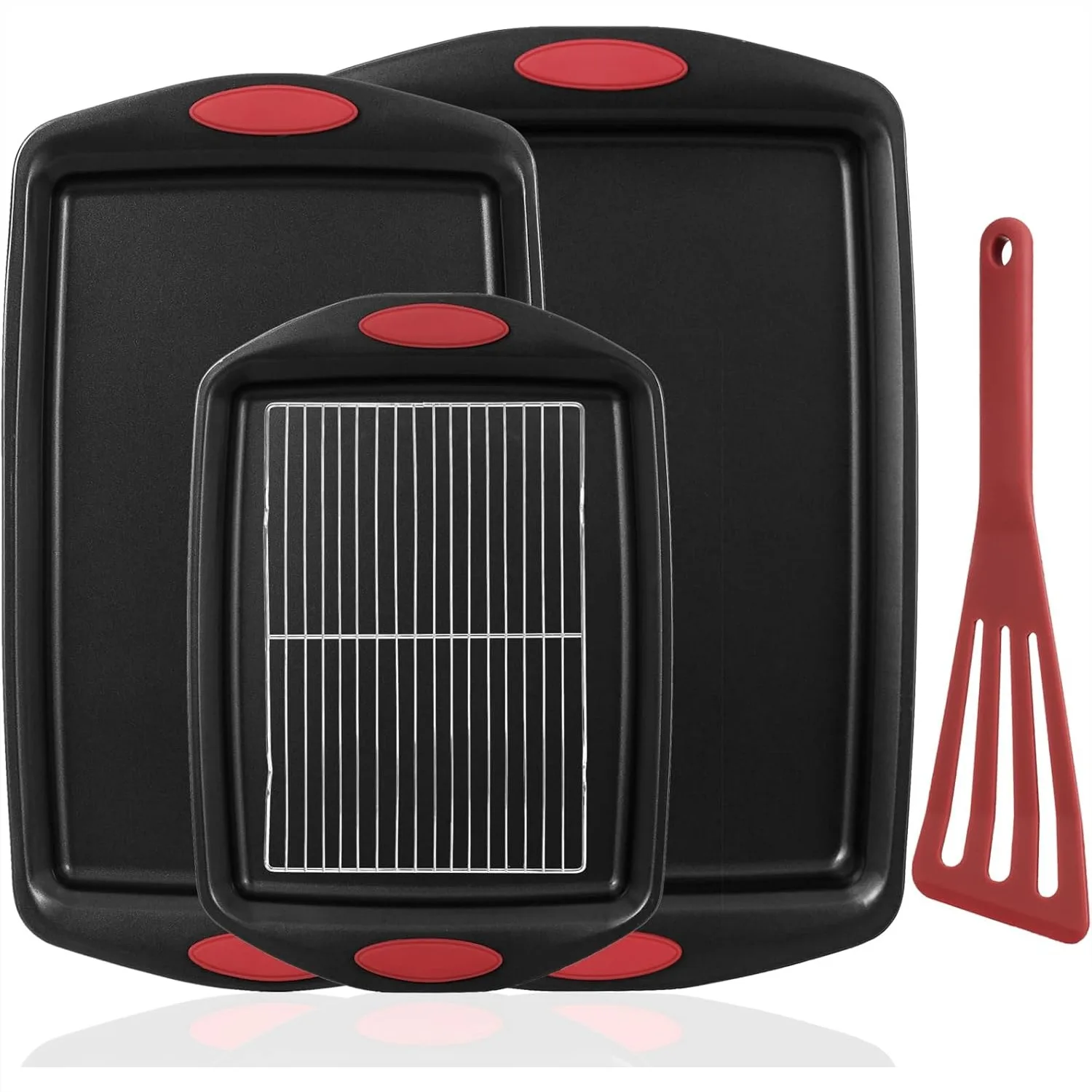 

5-Piece Nonstick Baking Pans Set - Carbon Steel Bakeware with Red Silicone Handles