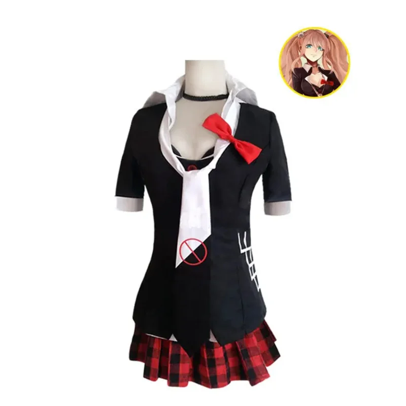 Disfraz de Anime Danganronpa, uniforme Enoshima Junko, ropa de trabajo de cafetería, Falda corta, peluca trenzada de doble cola; 6'x, 9;y'