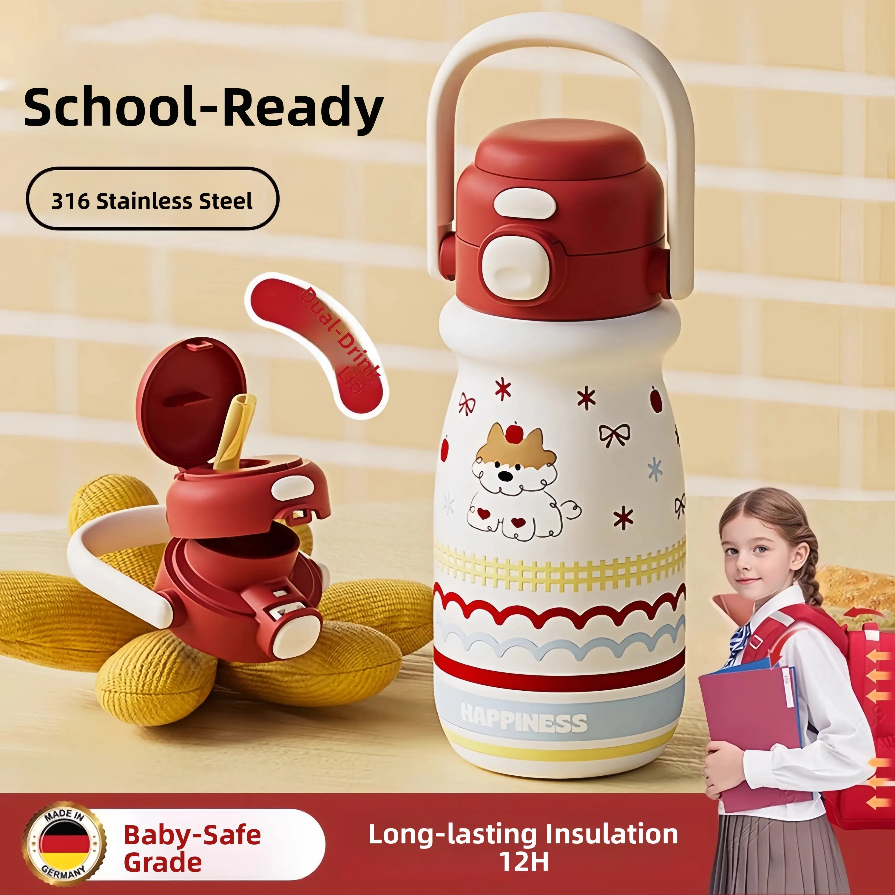 

Children's Thermal Cup Straw Handheld School Water Bottle 2025 New 316L Stainless Steel Kids Insulated Mug for Elementary Sch...